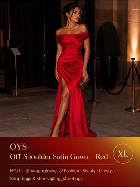OYS Red Satin Off Shoulder Ruched Formal Gown XL Wedding Guest Prom Dress